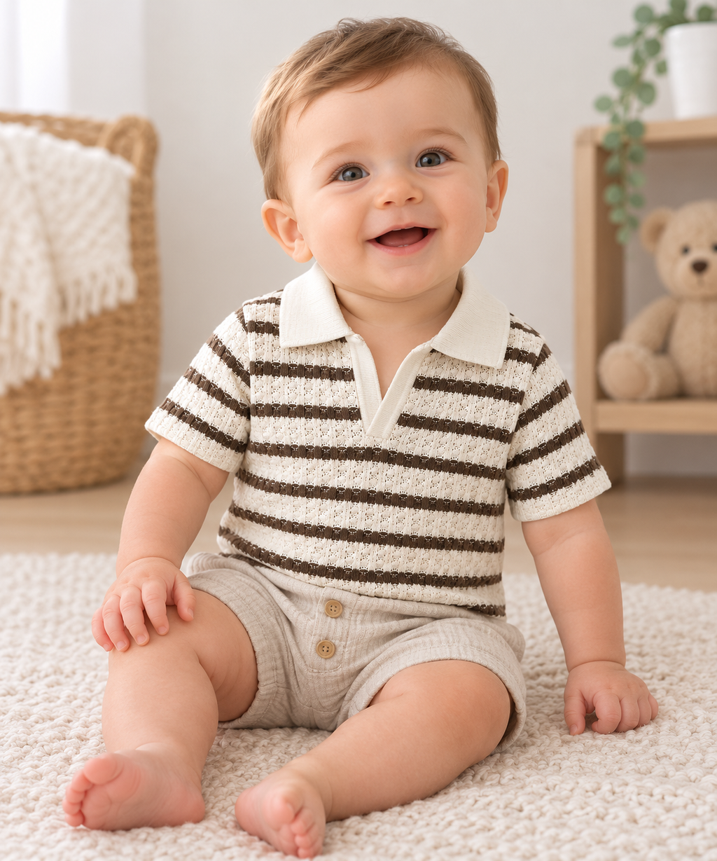 Baby Boys’ Cream & Brown Striped Textured Polo Shirt