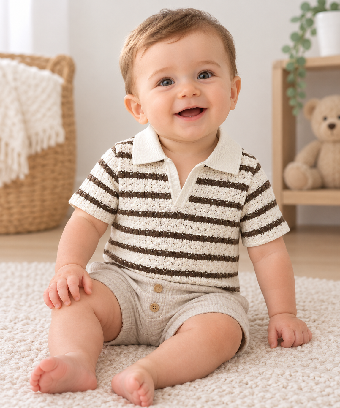 Baby Boys’ Cream & Brown Striped Textured Polo Shirt