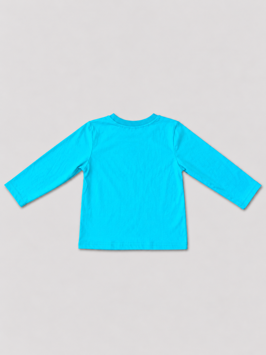 Boys 5Y turquoise long-sleeve monster truck graphic shirt, solid back view.