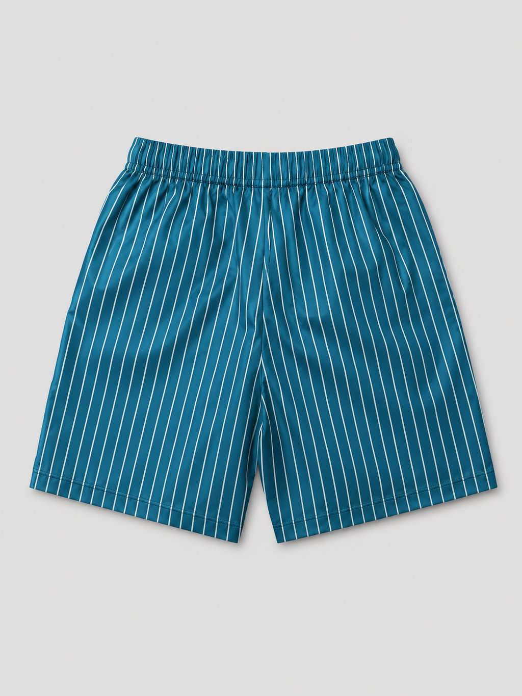 Shop these stylish teal blue and white pinstripe kids' shorts featuring an elastic drawstring waistband and comfortable casual design. Perfect for boys or girls and ideal for everyday wear, playtime, and warm-weather adventures.