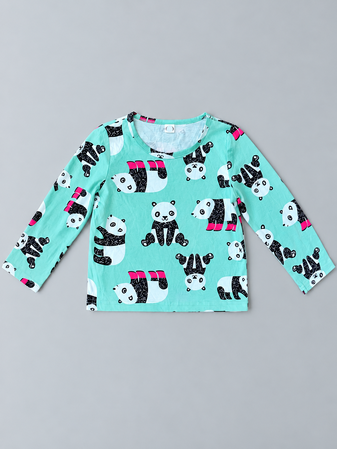 Toddler aqua long-sleeve top with black-and-white panda print and hot pink accents