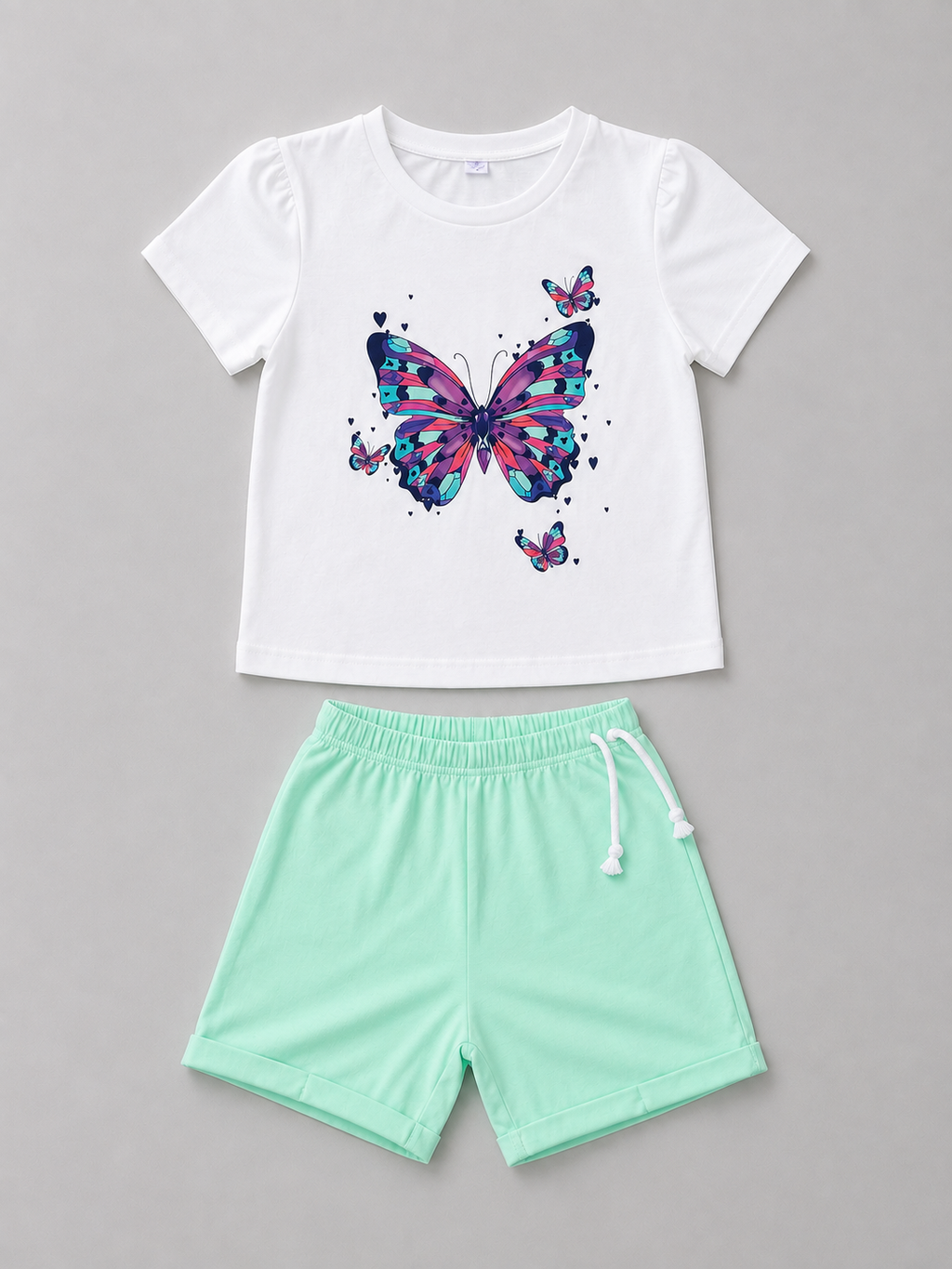Shop this colorful girls butterfly outfit featuring a white butterfly graphic T-shirt and mint green drawstring shorts. A cute and comfortable two-piece set for warm-weather outings and everyday wear.
