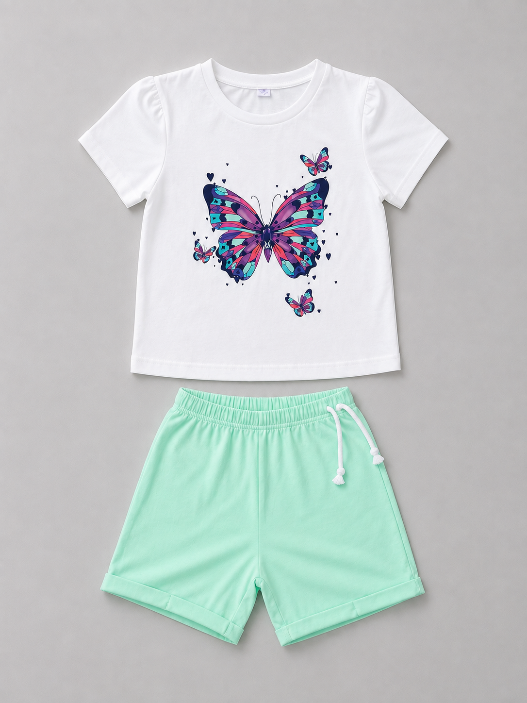 Shop this colorful girls butterfly outfit featuring a white butterfly graphic T-shirt and mint green drawstring shorts. A cute and comfortable two-piece set for warm-weather outings and everyday wear.

