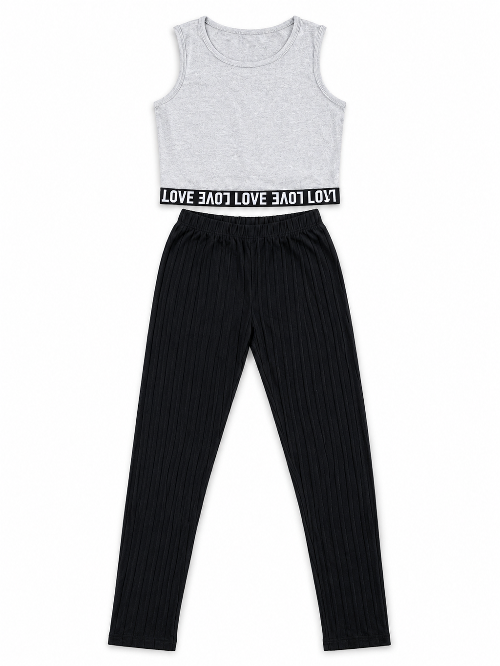 Shop the trendy Gray & Black Love Tank Top & Pleated Pants Set featuring a LOVE detail, sleeveless gray top, and comfortable black pleated pants for girls.