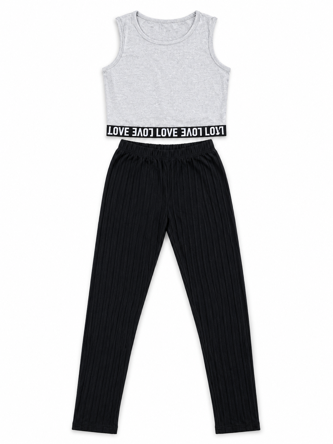 Shop the trendy Gray & Black Love Tank Top & Pleated Pants Set featuring a LOVE detail, sleeveless gray top, and comfortable black pleated pants for girls.