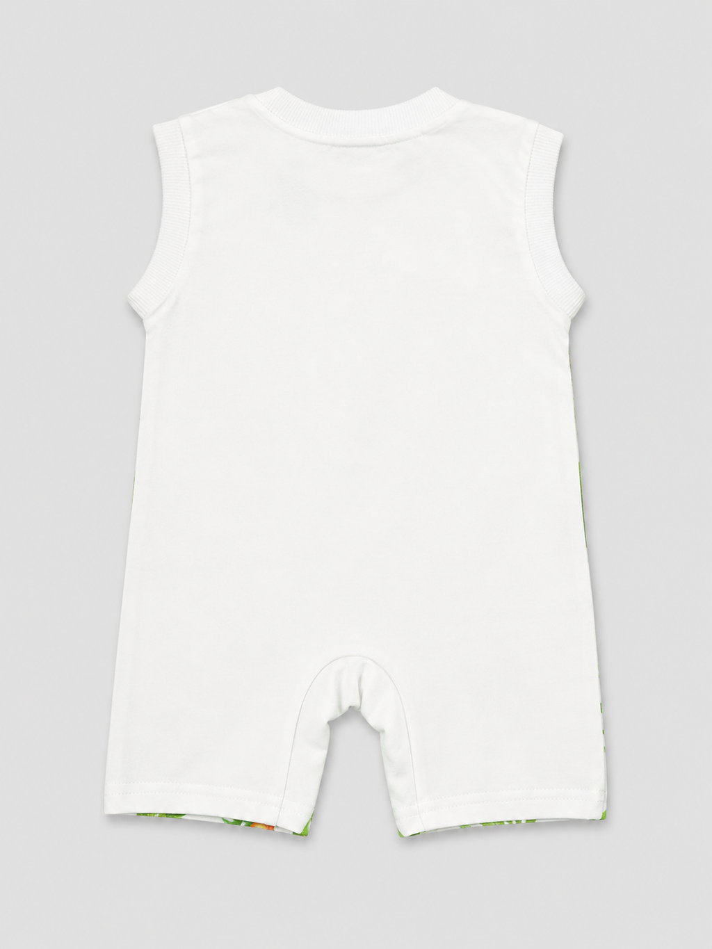 Shop this adorable Jungle Friends Baby Romper featuring playful giraffe, monkey and tiger characters with a tropical leaf print, shoulder snaps and convenient bottom closures.
