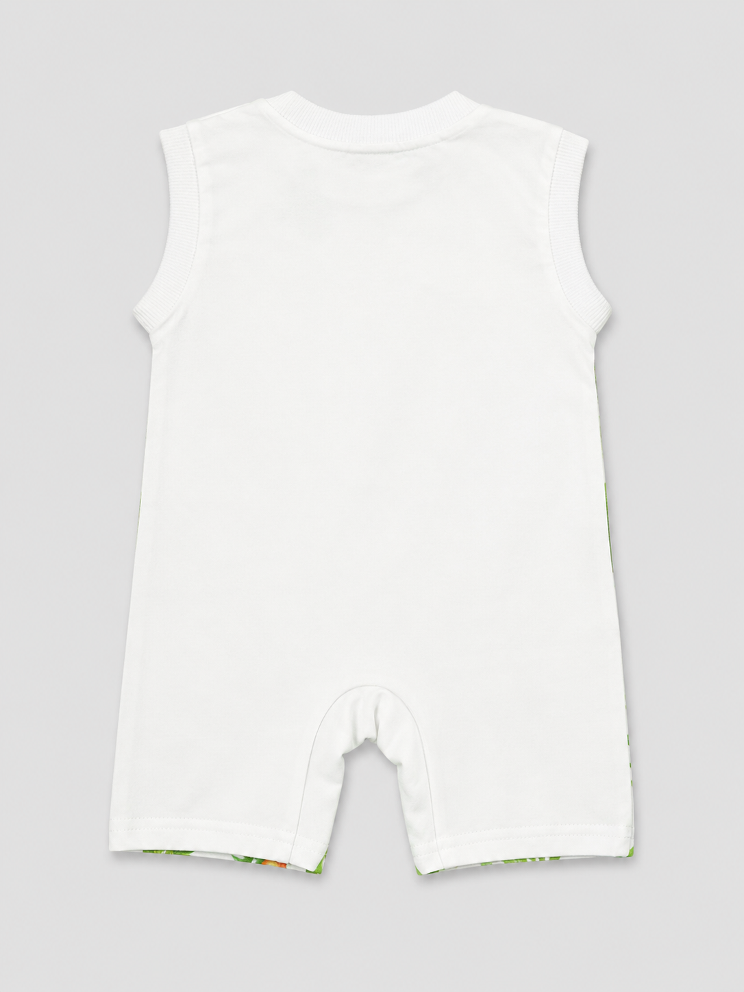 Shop this adorable Jungle Friends Baby Romper featuring playful giraffe, monkey and tiger characters with a tropical leaf print, shoulder snaps and convenient bottom closures.
