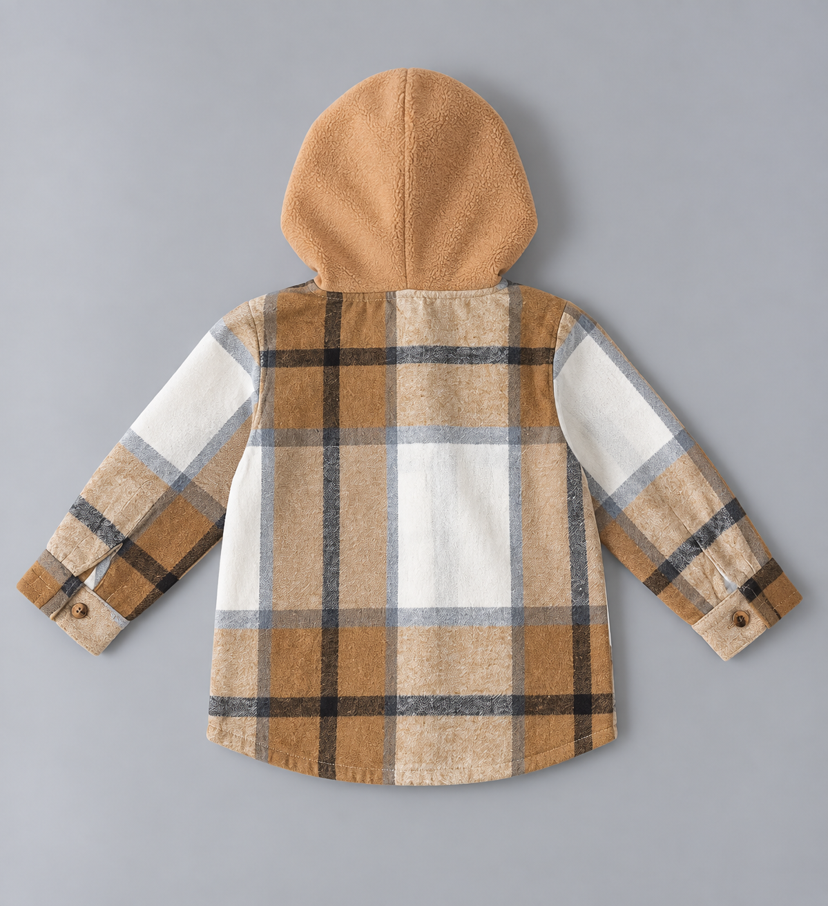 Back view of boys tan plaid long-sleeve shirt with solid tan hood and buttoned cuffs