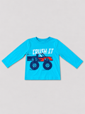 Boys 5Y turquoise long-sleeve shirt with Crush It monster truck graphic in navy, red, and white, front view.