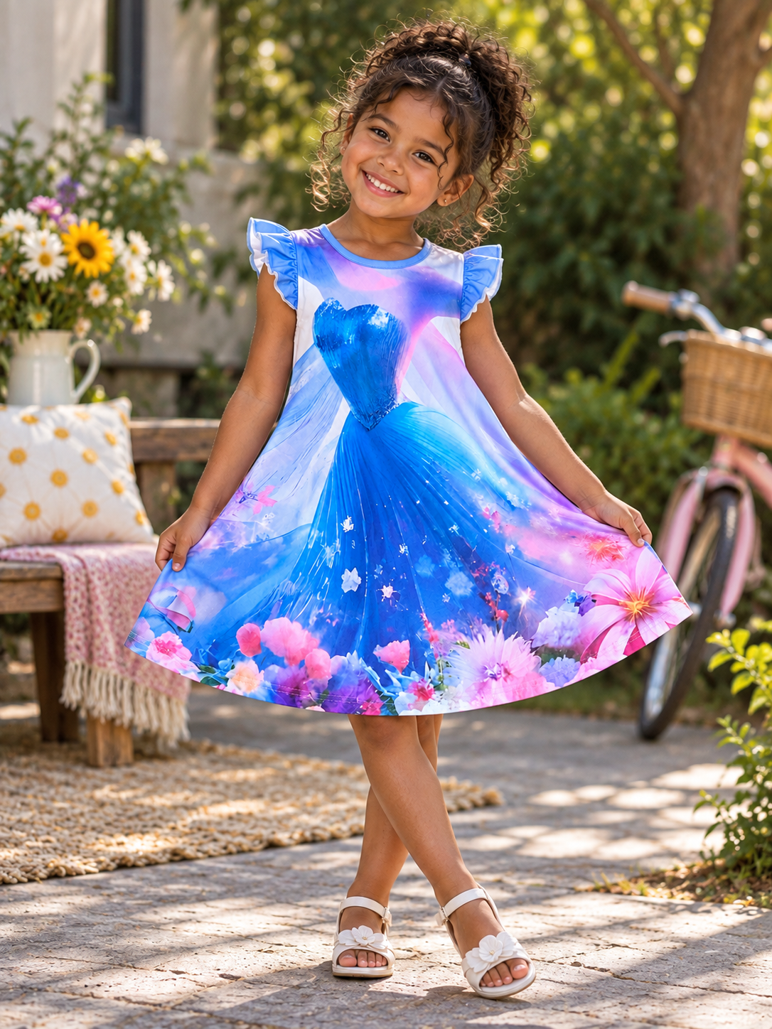 Girls Blue Gown & Floral Print Flutter-Sleeve Dress