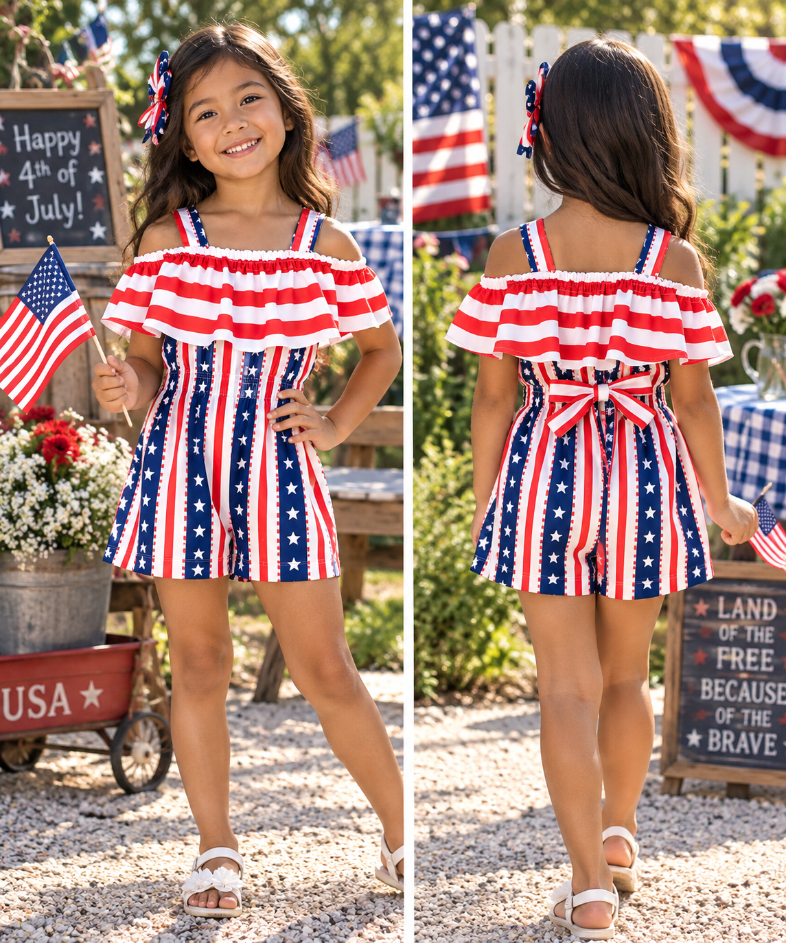 Girls Patriotic Star & Stripe Ruffle Romper