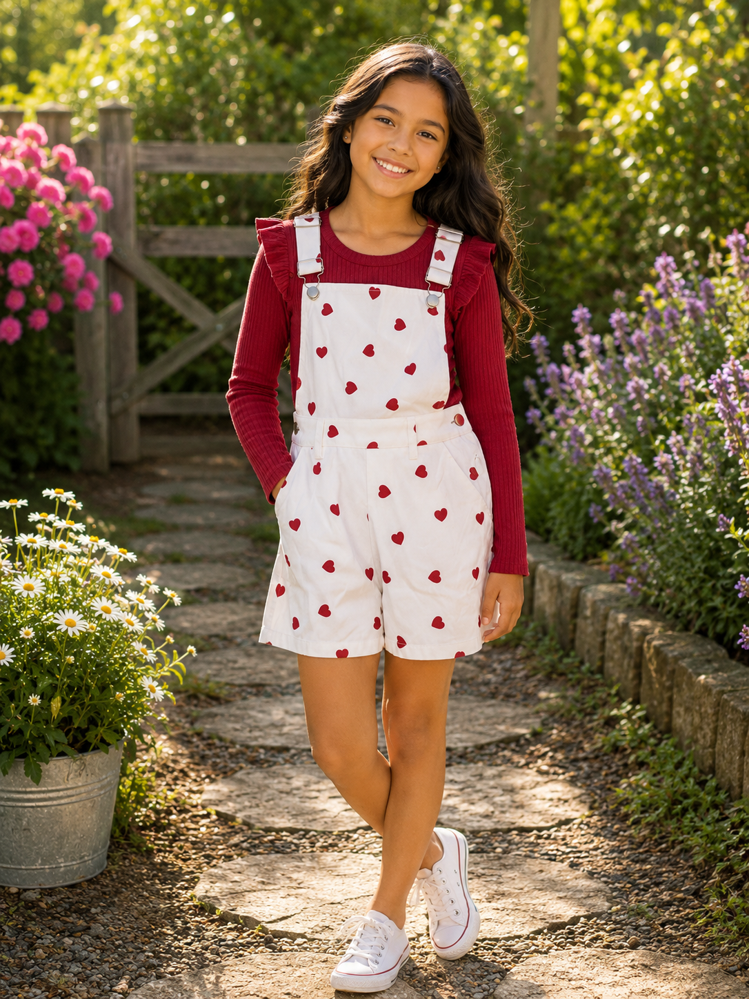 Girls Sweetheart Suspender Shorts Set | Red Ruffle Top & Heart Print Overalls