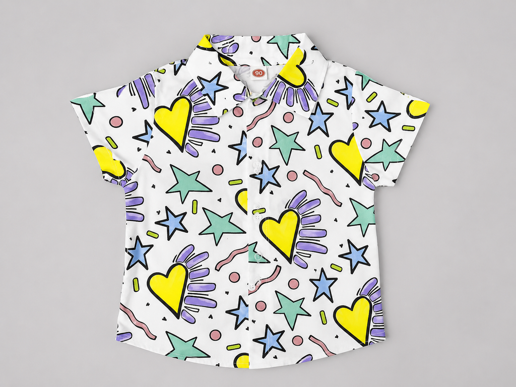 Shop this colorful Hearts & Stars Pattern Boys’ Short Sleeve Shirt featuring bright hearts, stars, and playful geometric details on a white button-up collared shirt. 100% Cotton.