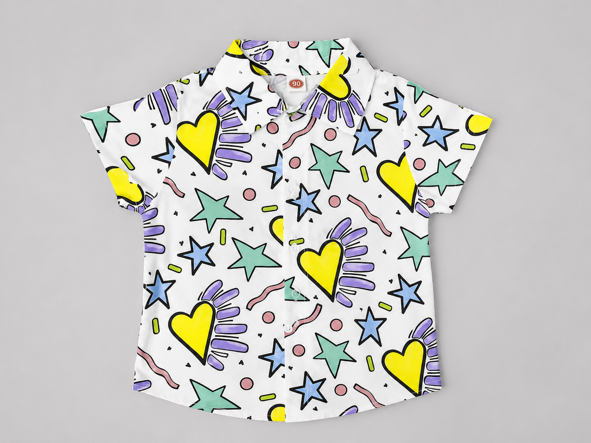 Shop this colorful Hearts & Stars Pattern Boys’ Short Sleeve Shirt featuring bright hearts, stars, and playful geometric details on a white button-up collared shirt. 100% Cotton.