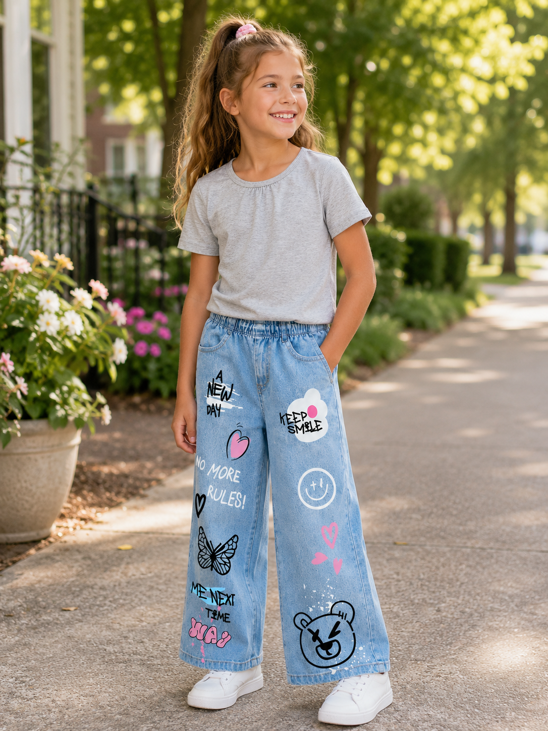 Girls’ Gray T-Shirt & Graffiti Print Wide-Leg Jeans Two-Piece Set