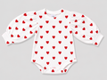 Adorable baby girls' white ribbed bodysuit featuring a red heart print, long puff sleeves, and snap closures. Soft, comfortable, and perfect for Valentine's Day or everyday wear.