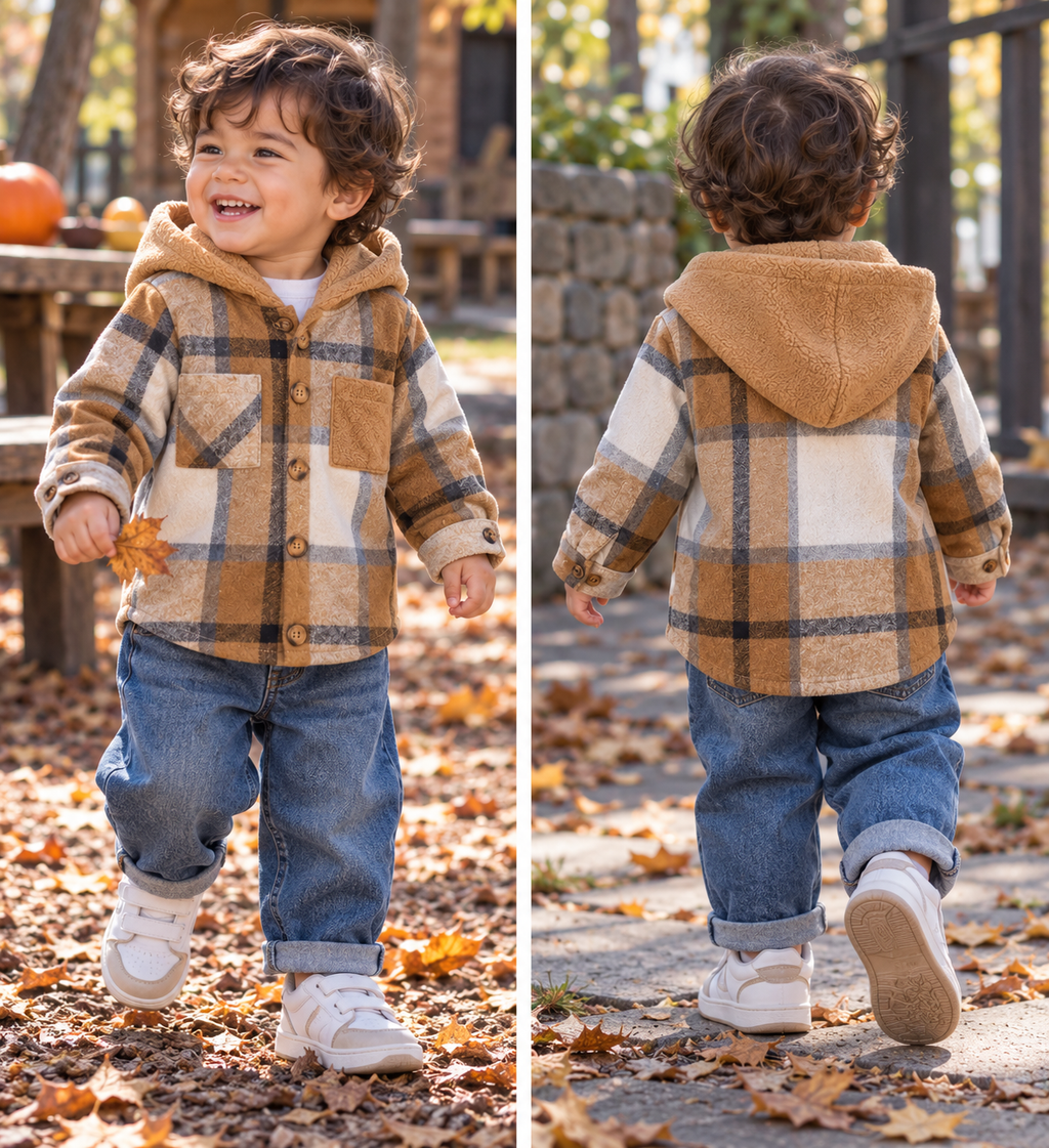 A toddler wearing a warm plaid hooded shirt, jacket-style is shown in a split front-and-back outdoor photo. The shirt has a tan, cream, and dark gray plaid pattern with a soft tan hood.