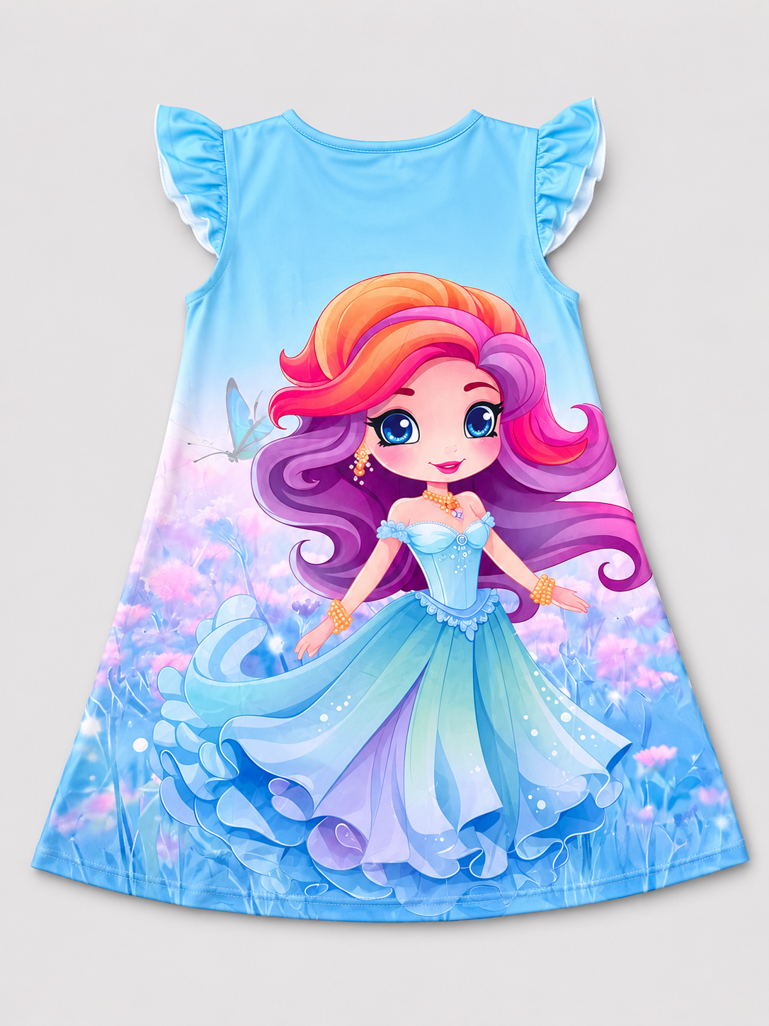 Girls blue princess graphic dress with multicolor print and flutter sleeves, back view, size 8Y.