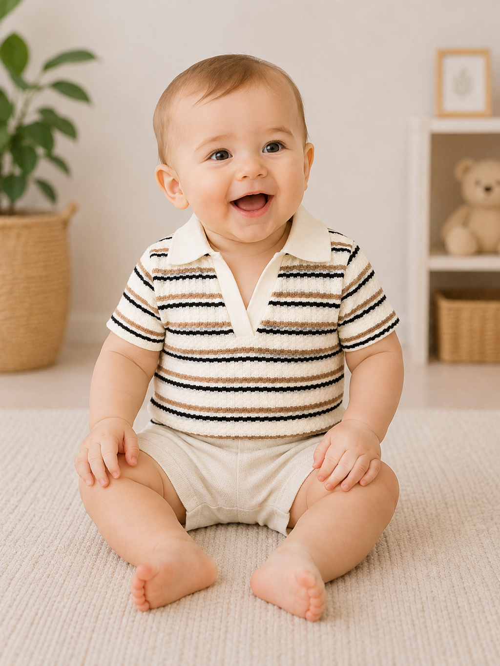 Baby Boys’ Cream Striped Textured Collared Polo Shirt