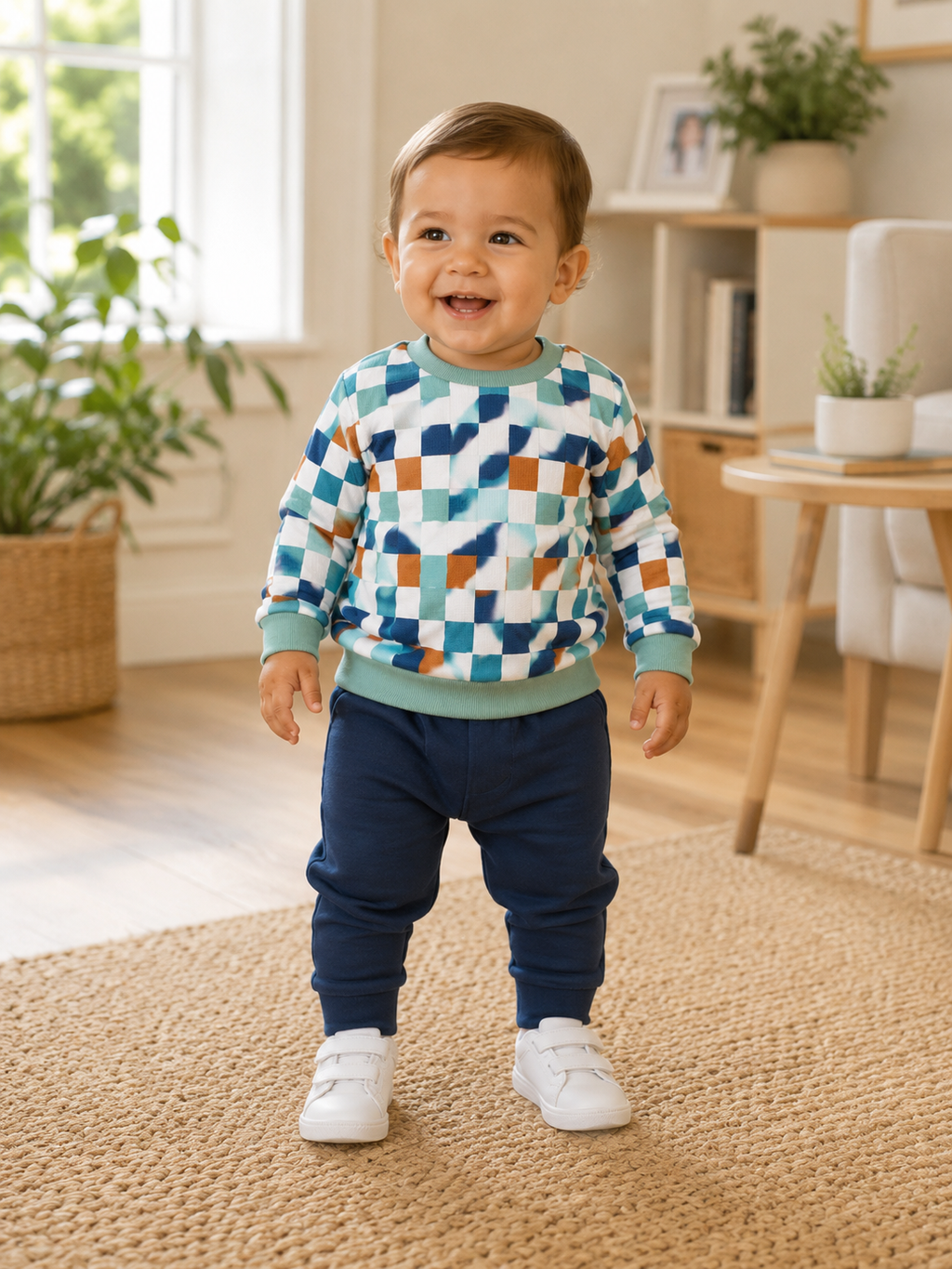 Retro Checkered Long-Sleeve Kids Sweatshirt
