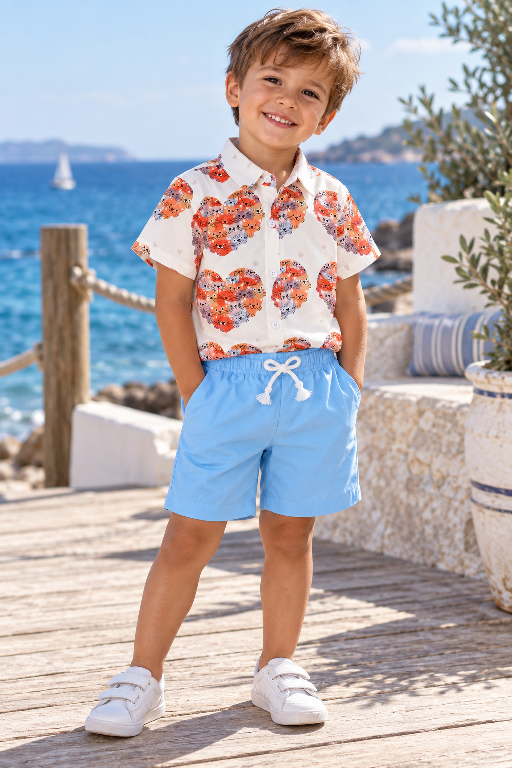 Cat Heart Print Shirt & Blue Shorts Set