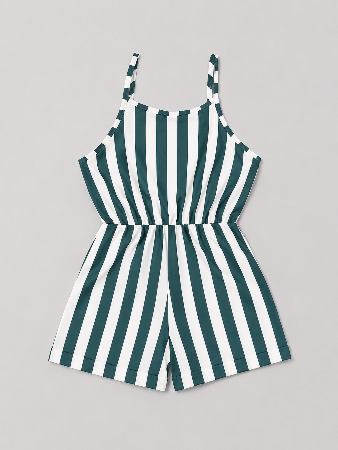 Green and white striped girls' romper featuring a sleeveless design, coordinating tie waist, and comfortable shorts silhouette. Perfect for everyday wear, vacations, special occasions, and summer outfits.