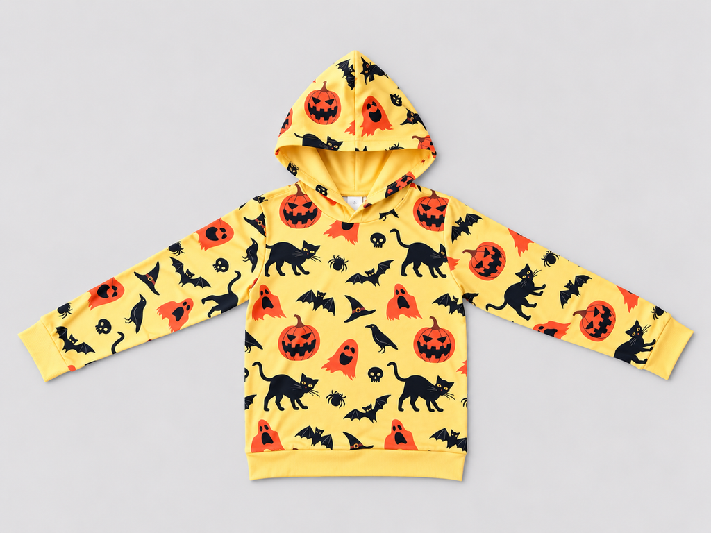 Girls yellow Halloween hoodie with pumpkins, black cats, ghosts, bats, and witch hats, front view