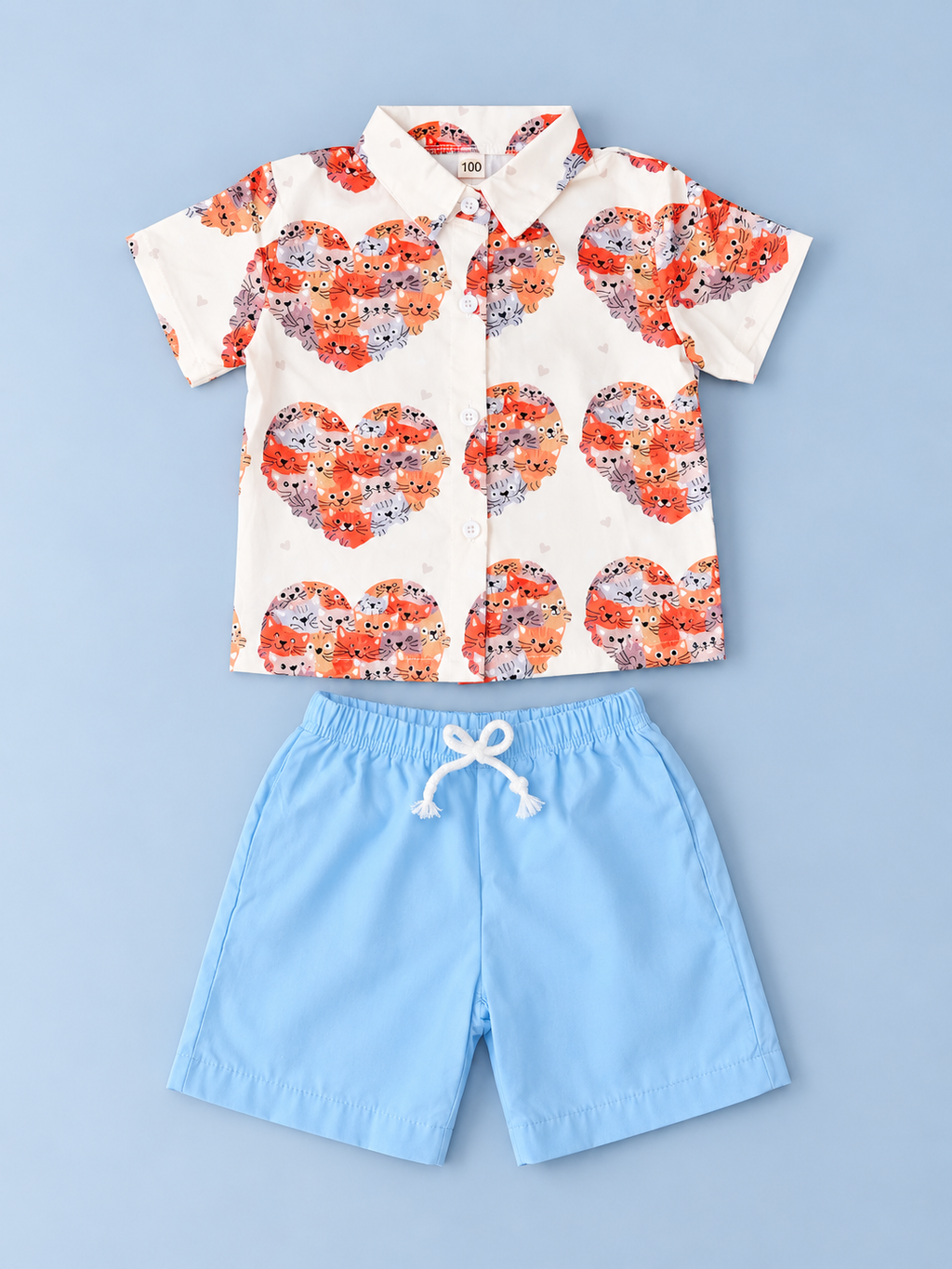 Boys cat heart print short-sleeve button-up shirt with light blue drawstring shorts two-piece outfit