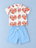 Boys cat heart print short-sleeve button-up shirt with light blue drawstring shorts two-piece outfit