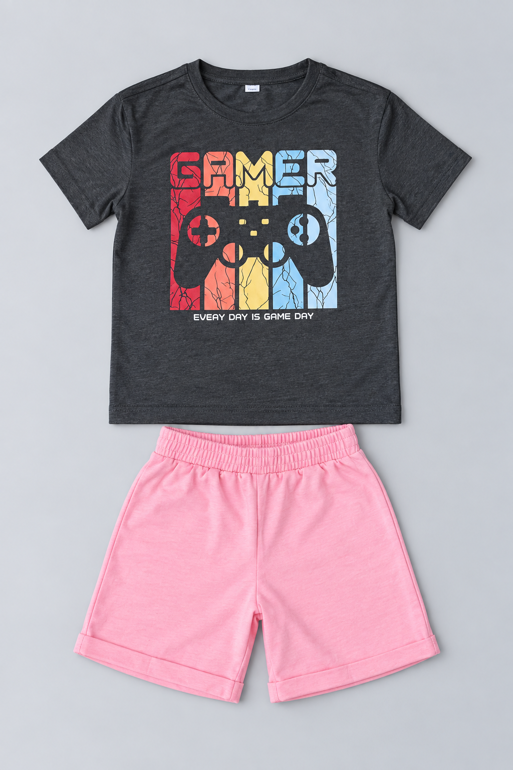 Kids unisex charcoal gray gamer graphic T-shirt with bright pink elastic waist shorts two-piece set