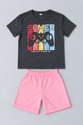Kids unisex charcoal gray gamer graphic T-shirt with bright pink elastic waist shorts two-piece set