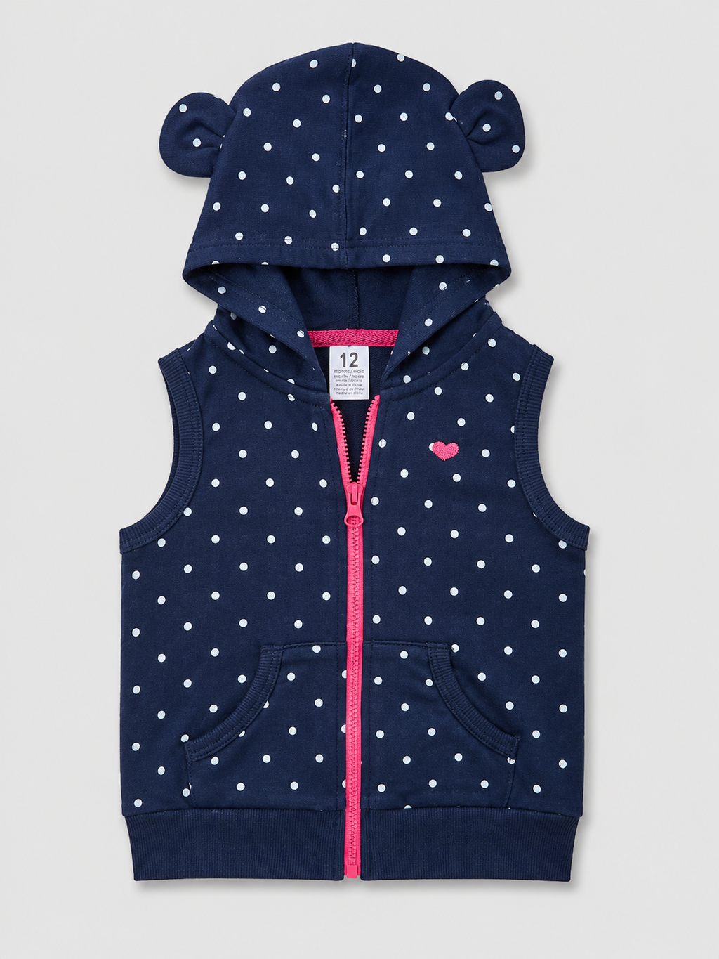 Cute girls' navy blue polka dot hooded vest featuring adorable bear ears, a bright pink zipper, and front pockets. Soft, lightweight, and perfect for layering year-round.