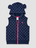 Cute girls' navy blue polka dot hooded vest featuring adorable bear ears, a bright pink zipper, and front pockets. Soft, lightweight, and perfect for layering year-round.