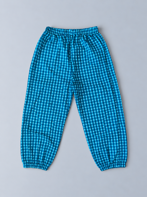 Girls blue gingham check jogger pants with elastic waist and gathered ankle cuffs