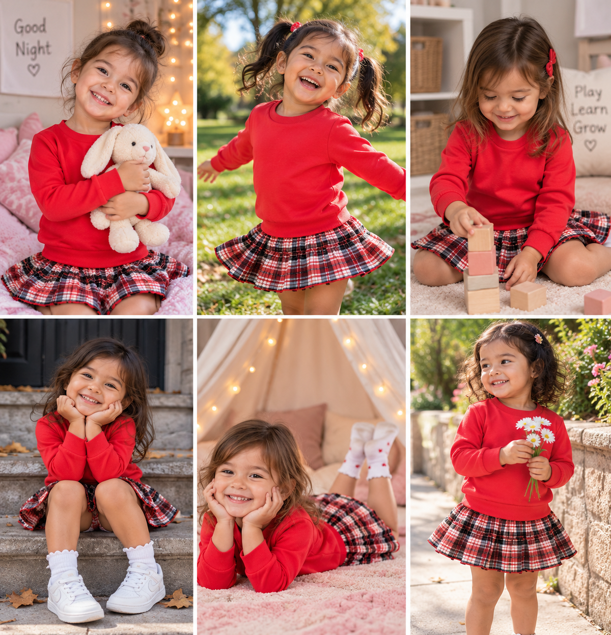 A six-panel collage showing a young girl modeling a bright red long-sleeve top and a red, black, and white plaid skirt in various playful settings, including holding a stuffed bunny, sitting on grass, building blocks, resting on steps, lying on a pink rug, and holding small flowers.