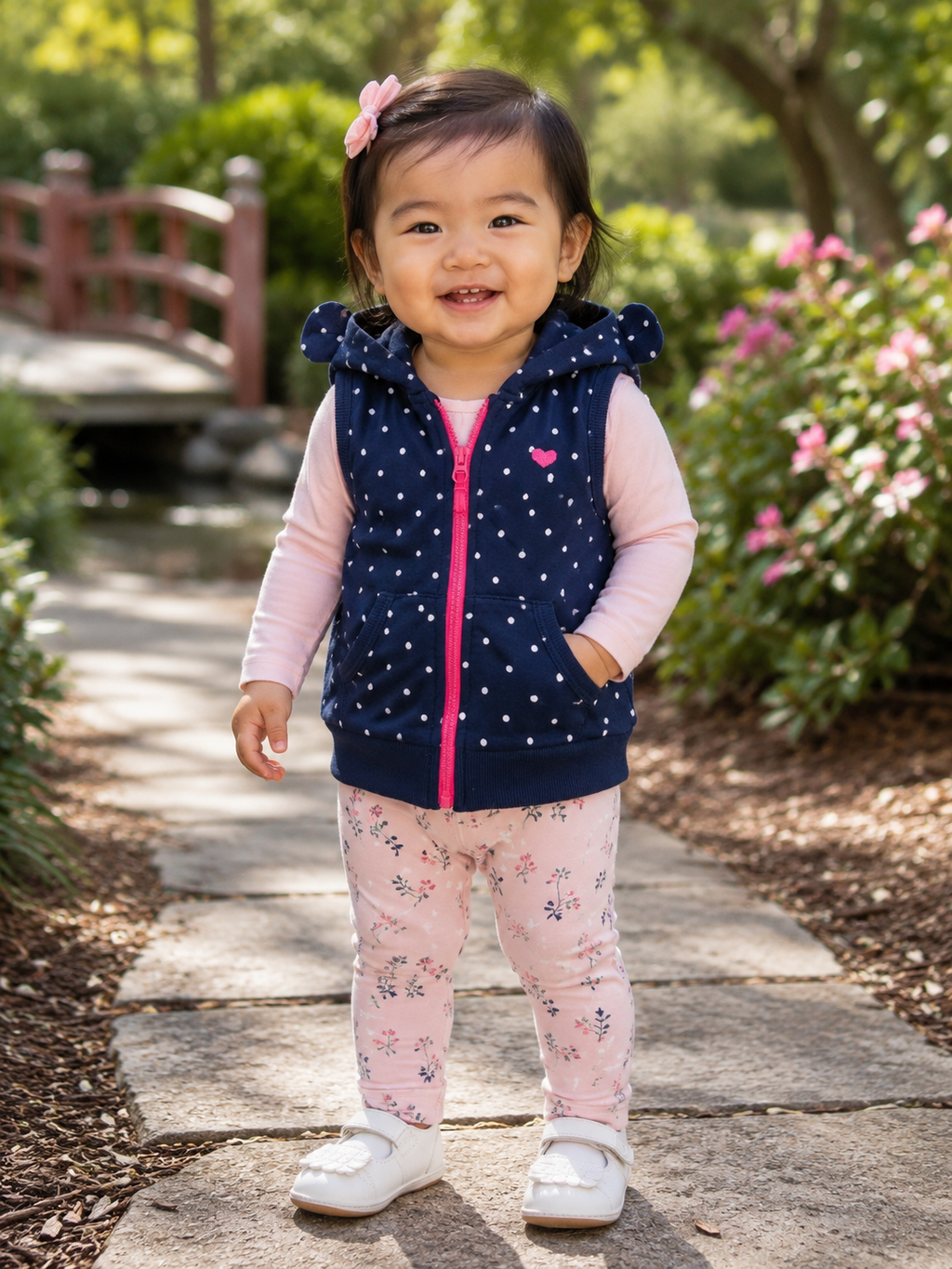 A toddler stands on a stone path in a garden wearing a navy blue hooded vest with white polka dots and a bright pink zipper, over a light pink long-sleeve shirt and pink floral leggings.