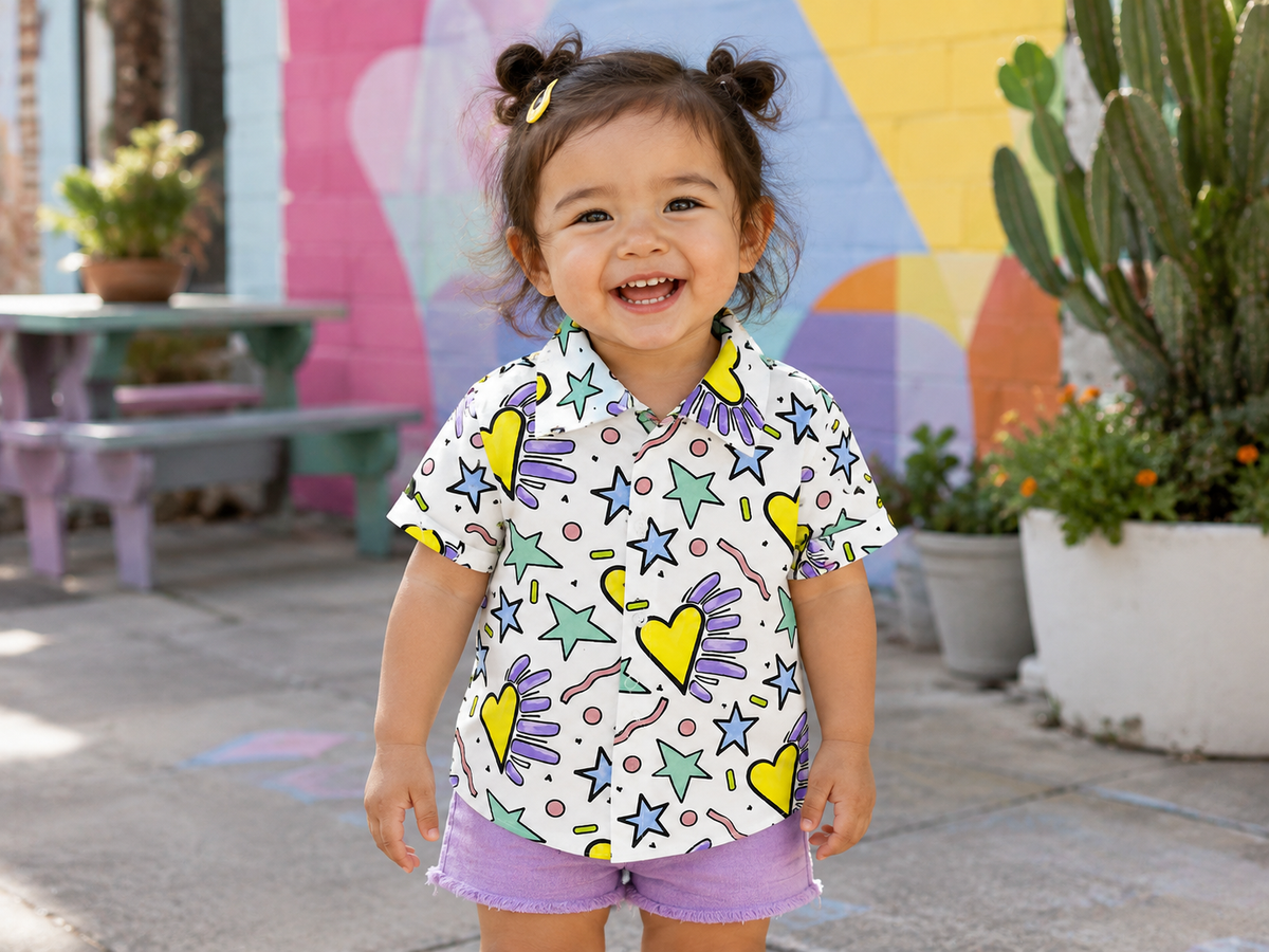 Colorful Hearts & Stars Pattern Girls’ Short Sleeve Button-Up Shirt