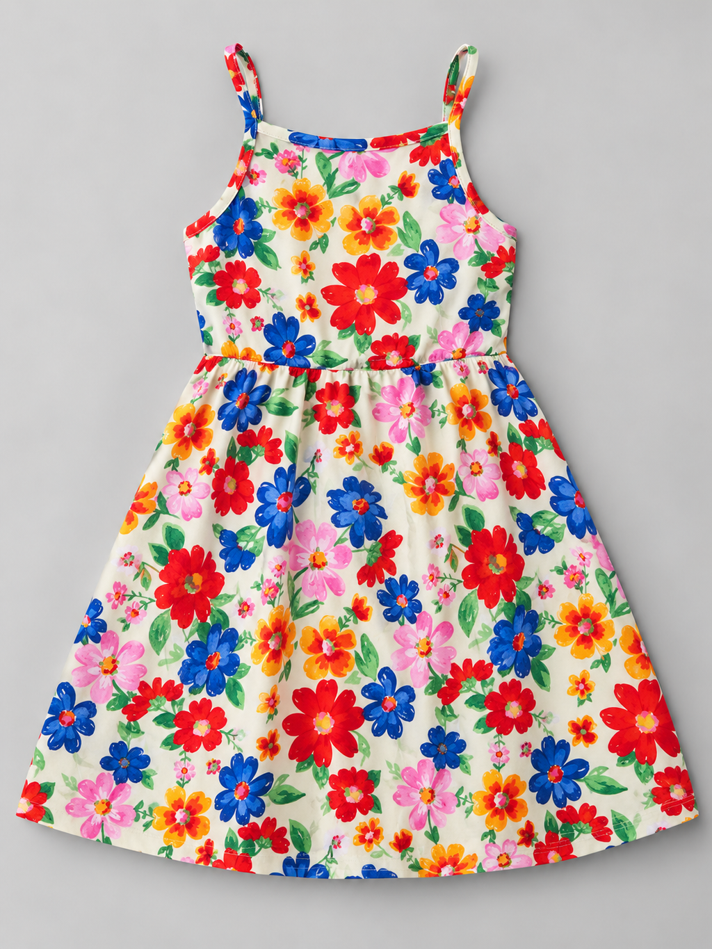 Girls multicolor floral spaghetti strap dress with cream background and gathered flared skirt