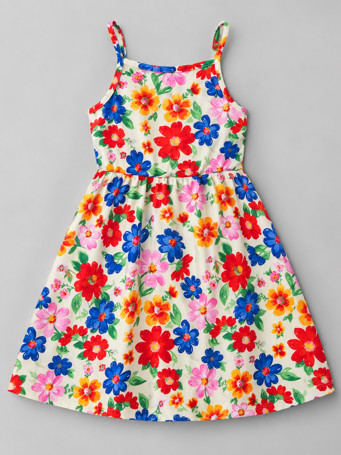 Girls multicolor floral spaghetti strap dress with cream background and gathered flared skirt
