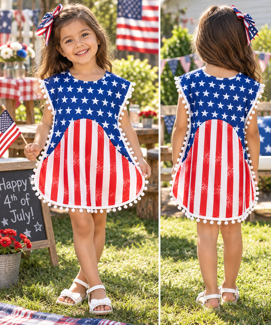 Girls Patriotic Star & Stripe Pom-Pom Dress