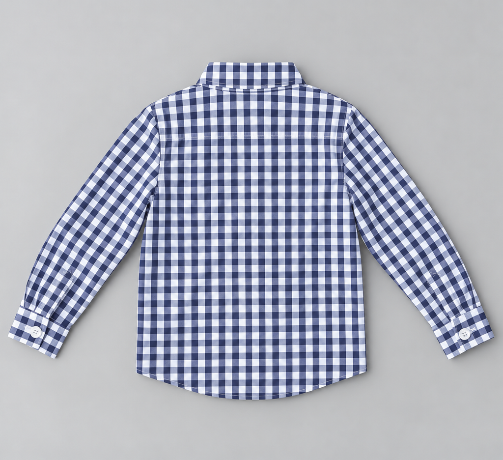 Back view of boys navy blue and white gingham check long-sleeve button-up shirt