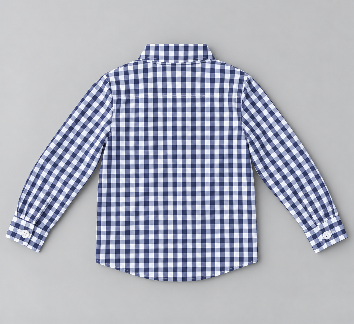 Back view of boys navy blue and white gingham check long-sleeve button-up shirt