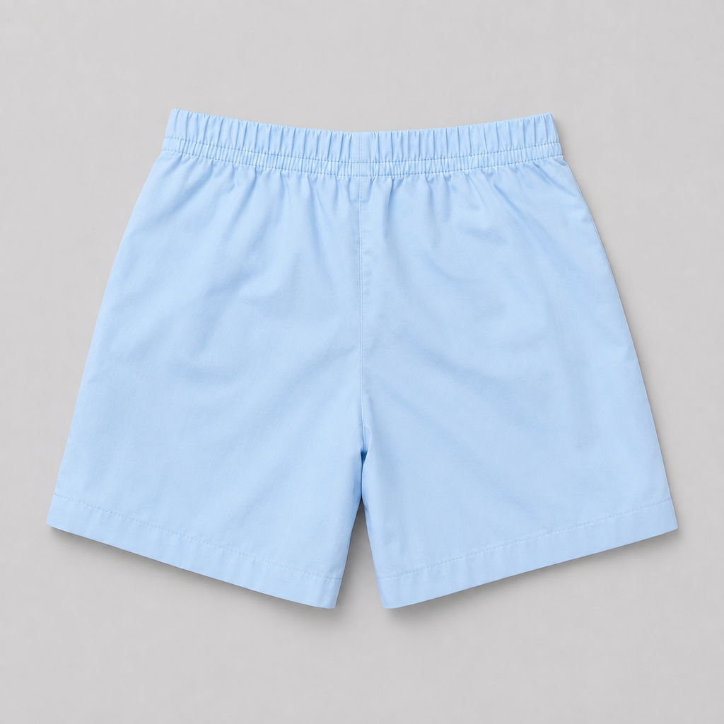 Shop these classic light blue kids' shorts featuring an elastic waistband and white drawstring. A comfortable and versatile everyday style perfect for boys or girls.