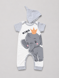 Shop this adorable baby boys' “King” elephant romper featuring a crowned elephant graphic, matching hood, gray accents, and convenient snap closures. A sweet and comfortable outfit for everyday wear, photos, or gifting.