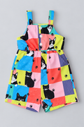 Colorful baby sleeveless romper with patchwork cat and paw print design, square neckline and front buttons