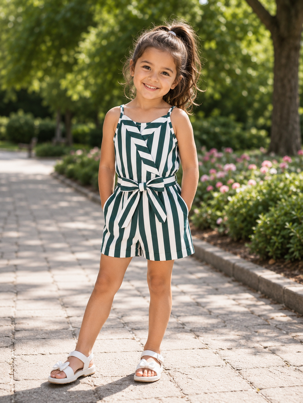 Green and White Striped Tie-Waist Romper