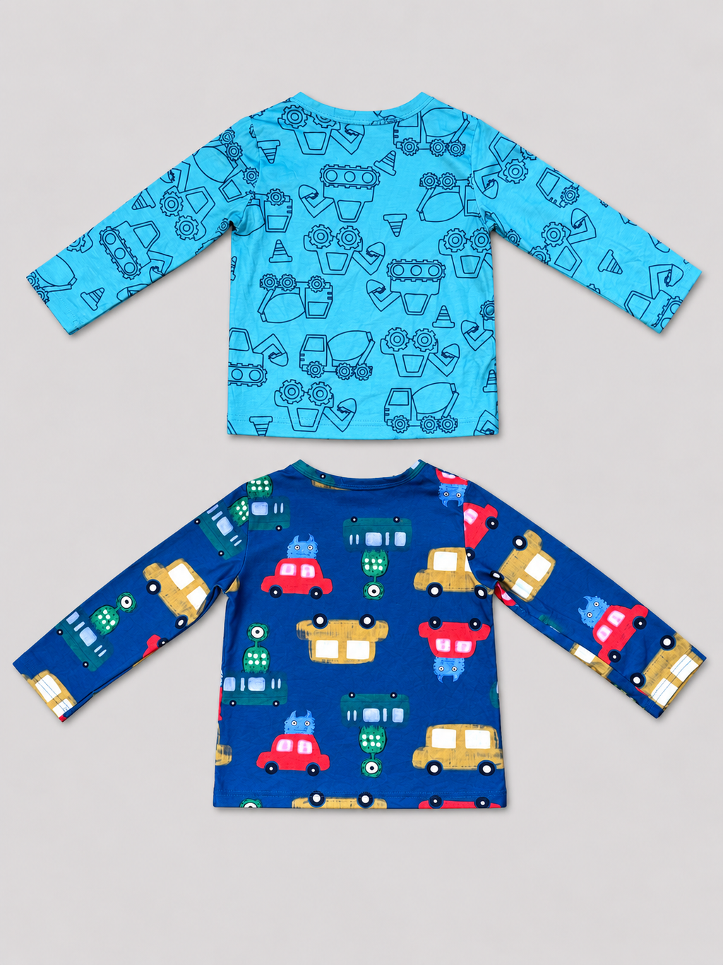 Back view of boys 2-3Y turquoise construction vehicle and deep blue colorful car long-sleeve shirt two-pack.