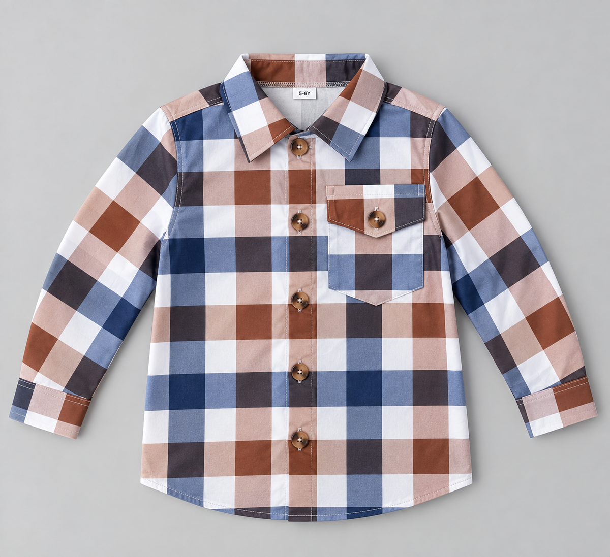 Boys blue brown taupe and white plaid long-sleeve button-up shirt with collar and buttoned chest pocket