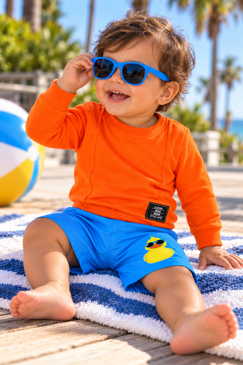 A smiling baby sitting outdoors on a white blanket, wearing a bright orange long-sleeve shirt, blue framed sunglasses, and blue shorts with a yellow duck graphic.