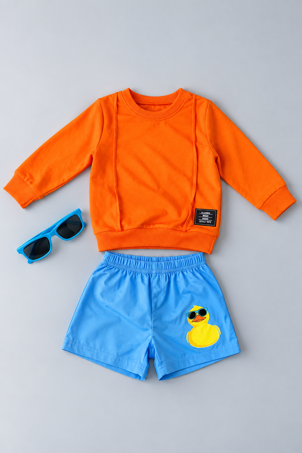 Adorable boys 2-piece outfit featuring a bright orange sweatshirt, blues sunglasses, and blue shorts with a cool duck graphic. Comfortable boutique clothing perfect for everyday wear, school, playdates, and family outings.
